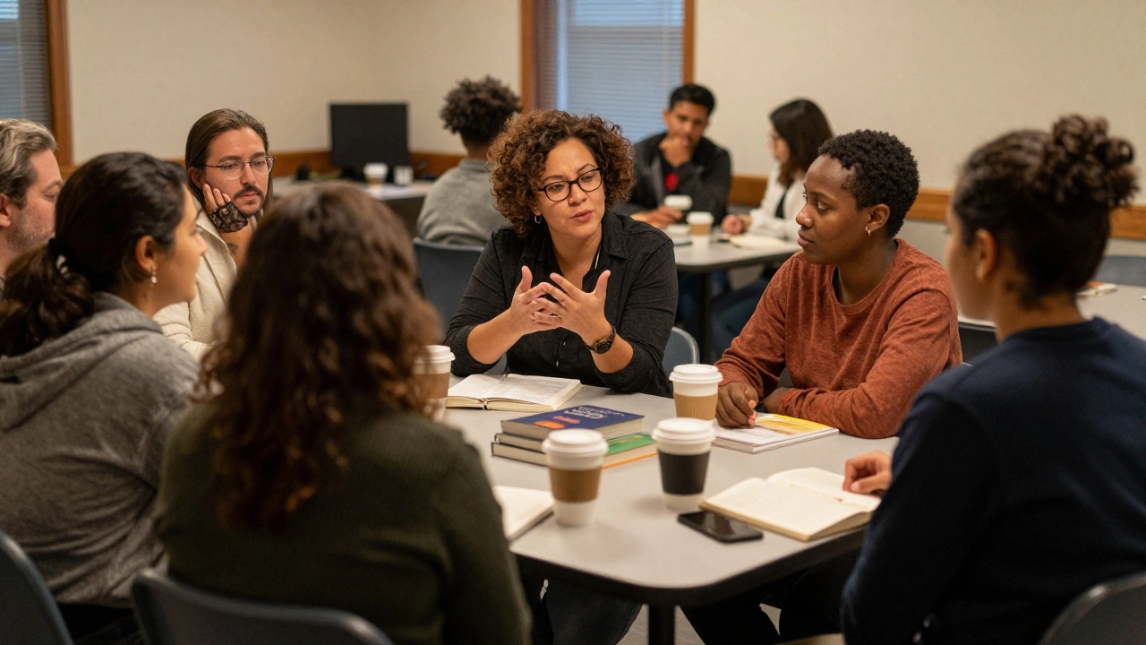 A diverse group shares conversation and coffee in a cozy Paris community center.