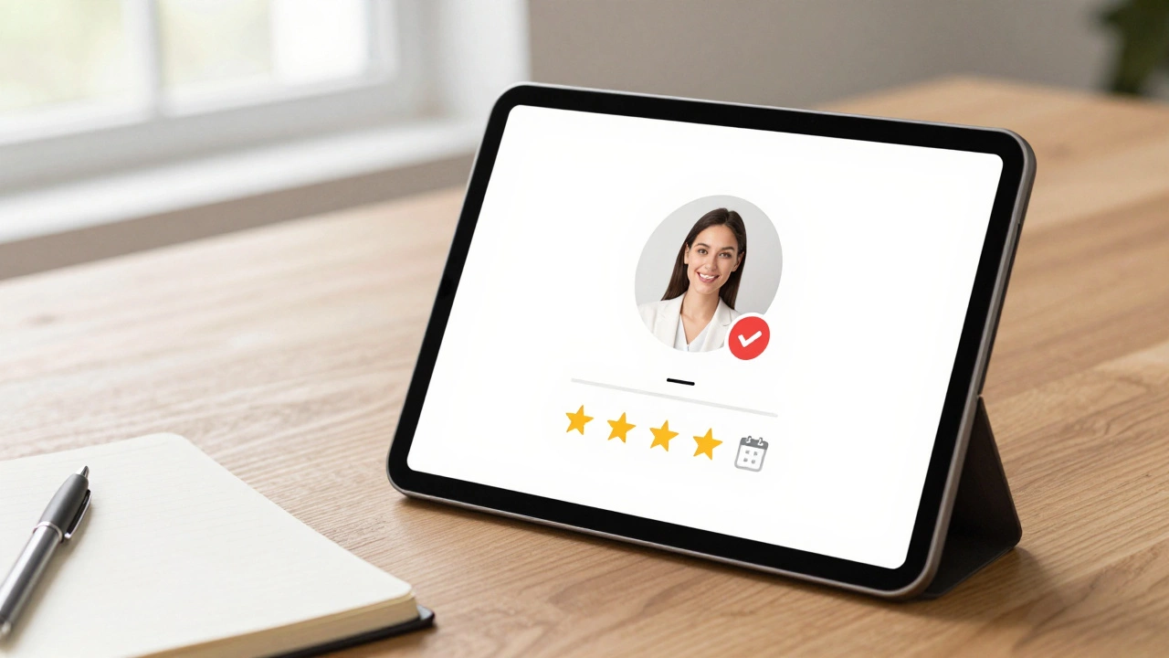 A tablet displaying a verified companion profile with ratings and calendar, no text visible.