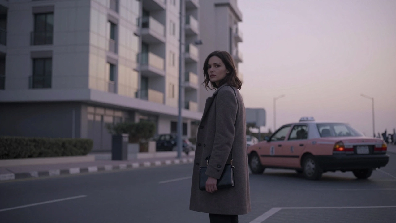 A woman alone on a Dubai street at dawn, looking back cautiously under a pale sky.