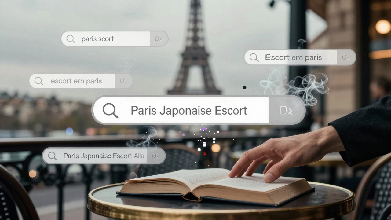 Digital search terms dissolve into smoke above Paris, while a hand reaches for a real book.